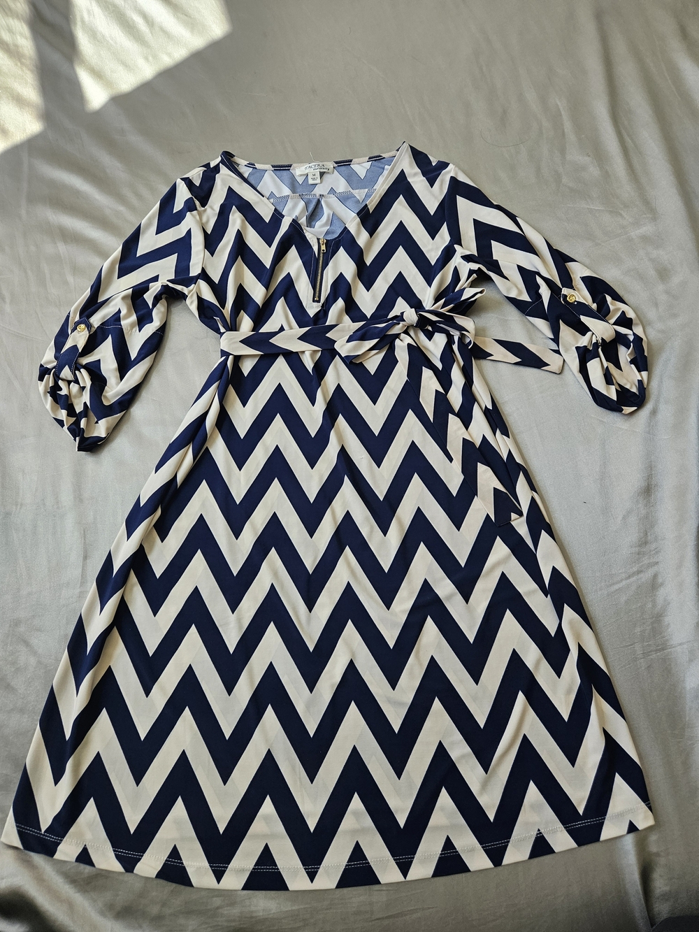 Tacera Navy and White Chevron Midi Dress with Belt - Picture 6 of 11